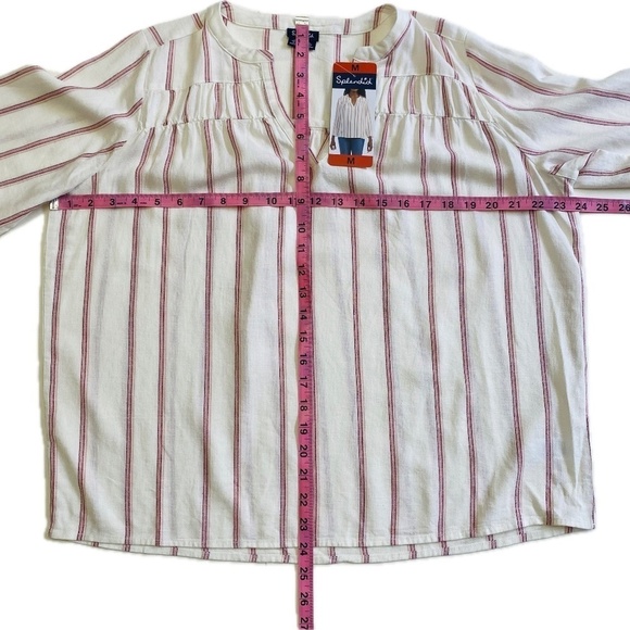 Splendid V-Neck Blouse, Ivory with Vertical Red/Pink Stripes, Medium NWT - Picture 7 of 10